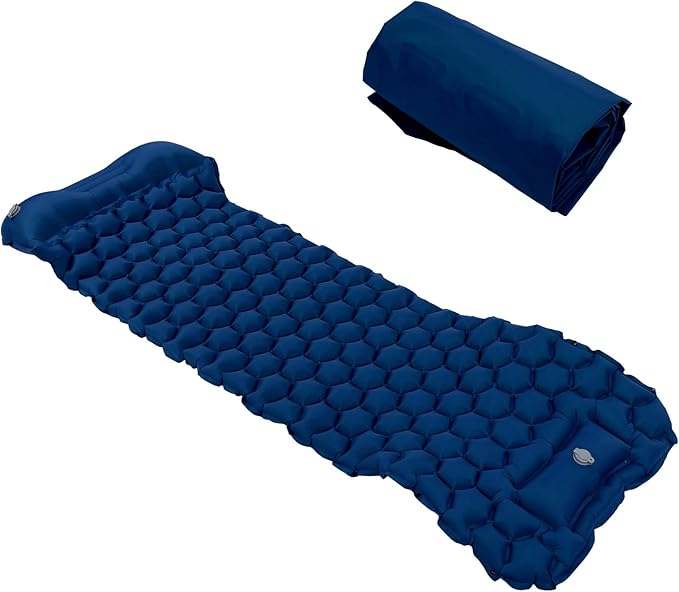 Inflatable Sleeping Pad for Camping | 40D Nylon &amp TPU Laminate Mat | Foot Press Inflation Cushion for Tent/Hiking/Travel | 3D Support 2 - Way Valve 700g Lightweight (Navy Blue)