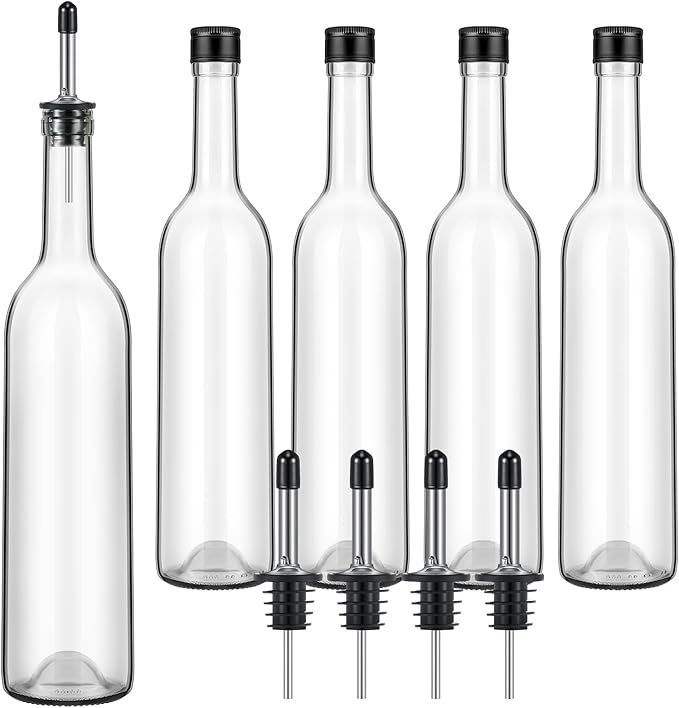 Maxdot 5 Pcs Long Neck Glass Bottles with Pourer Bordeaux Wine Bottle Clear Empty Wine Syrup Juice for Home Bar Liquor Juice Making Wedding Anniversary Party