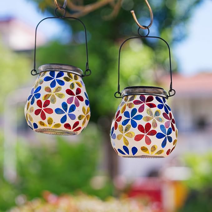 Stargarden 2Pack Mosaic Solar Lanterns Glass Hanging Lantern Waterproof Outdoor Haning Lights Flower Decorative Table Lamp for Garden PatioYard Decor