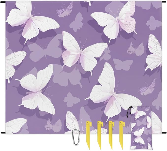 Waterproof Sandproof Beach Blanket 59''×68'' White Butterfly Polyester Outdoor Picnic Blanket with 4 Stakes &amp Storage Bag for BeachCampingVacation Purple Bottom