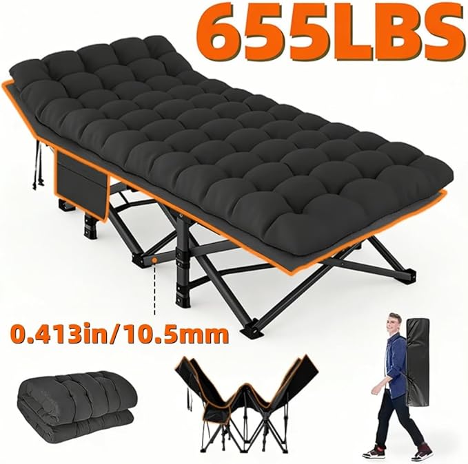 Oversized Heavy-Duty Outdoor Folding Bed with Side Pockets&ampMattress(Mini Model Optional)-755/655/55Lbs Super Capacity Camping CotGarden (Black (655lbs)