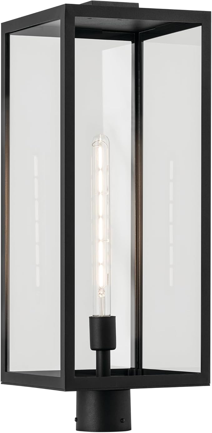 Kichler Branner 25.5 in. 1-Light Textured Black Luxe Updated Traditional Outdoor Post Light with Clear Glass for Walkways and Driveway