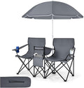 Tangkula Double Camping Chairs with Umbrella Portable 2 Seat Folding Camp Chair with Cooler Bag Beverage Holder Carrying Bag Foldable Lawn Chair for Outside Fishing Picnic Beach