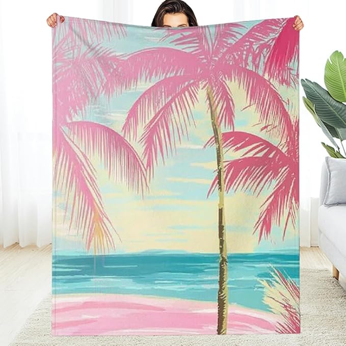 Beach Palm Trees Pink Umbrella Flannel Blanket Warm Cozy Decor Gift for Sofa Bed Camping Travel Chair All Season Multifunctional Gift Blanket 50x60in