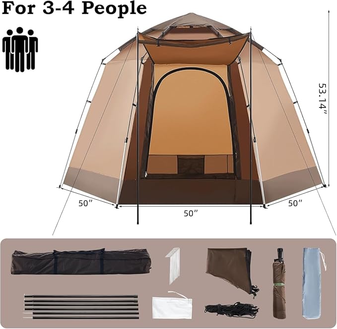 Tents for Camping 3/4 Person Portable Large Pop Up Tent Outdoor Camping Tent PU Weatherproof Tent with Easy 60 Second for Camping Festivals Backyard Sleepovers &amp More(Brown)