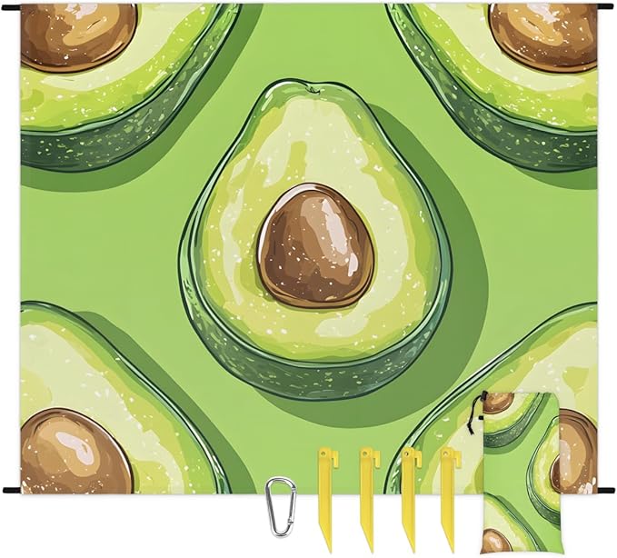 Waterproof Sandproof Beach Blanket 59''×68'' Fruit Avocados Polyester Outdoor Picnic Blanket with 4 Stakes &amp Storage Bag for BeachCampingVacation Green