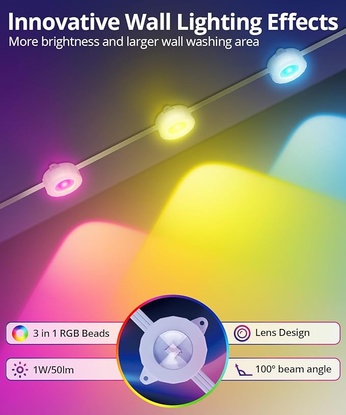 Smart Permanent Outdoor Lights 50ft with 36 LED RGB String Lights IP67 Waterproof Eaves Light with 44 Scene Modes for Halloween Christmas Birthday Holiday Party APP/Voice/Remote Control
