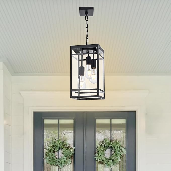 Large Outdoor Pendant Light for Porch Black 3 Lights Outdoor Pendant Light Fixtures Modern Hanging Light Fixture Exterior Chandelier Hanging Lantern for PatioFront Door