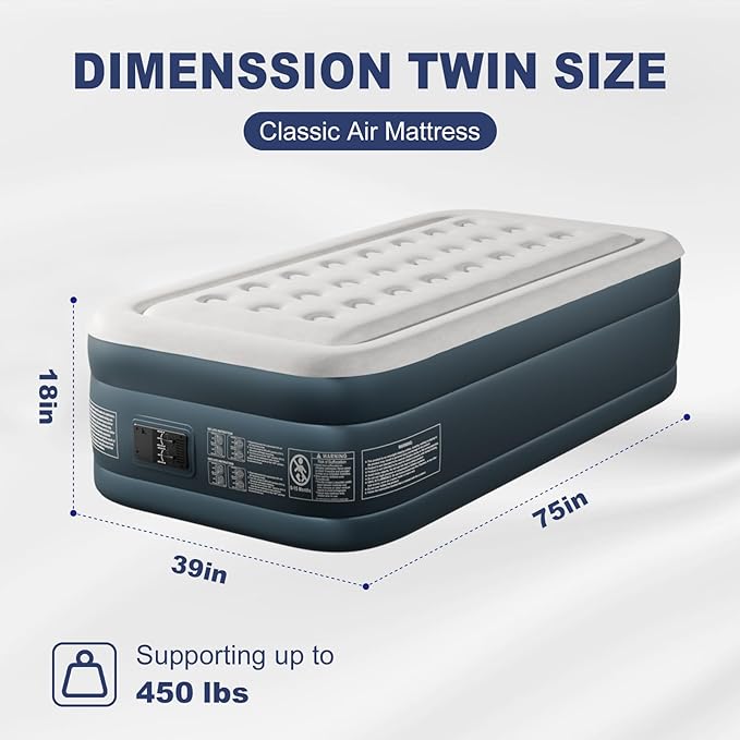 Air Mattress with Built in Pump Raised18in H Comfort Blow up MattressDouble Chamber Airbed2min Quick Inflation/Deflation Mattress for Home Guests Camping (FlockingGray &amp White Twin)