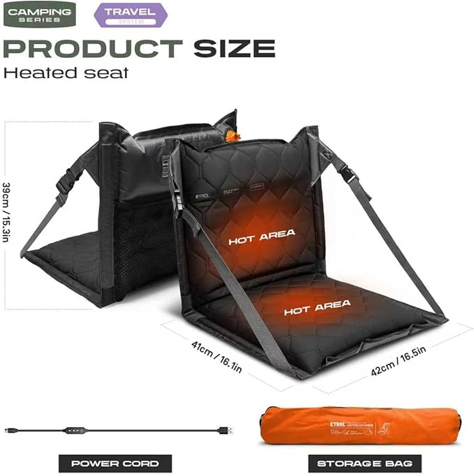 ETROL Heated Inflatable Folding Stadium Seat with 3 Temperature Settings Press-to-Inflate Portable Chair with Back Support &amp Straps Powered by Portable Power Bank for Camping Outdoor Sports