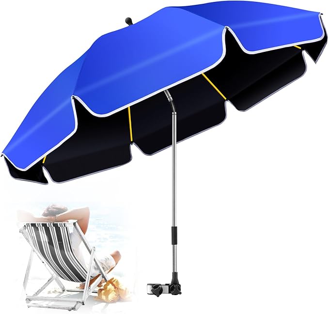 48.8 inch Large Beach Umbrella with Clamp Sun Shade for Beach Chair 360°Adjustable UV Protection Golf Umbrella with Clip for Outdoor Stroller Wheelchair Camping Chair