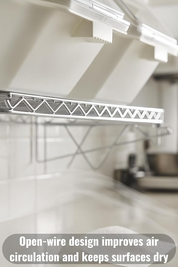 18 x 24 Chrome Wall-Mounted Wire Shelf Kit with Clip-in Ingredient Storage Bins Heavy-Duty Steel Rack Supports up to 600 lb Flip-Top Lids Open-Wire Design for Kitchen/Prep/Storage