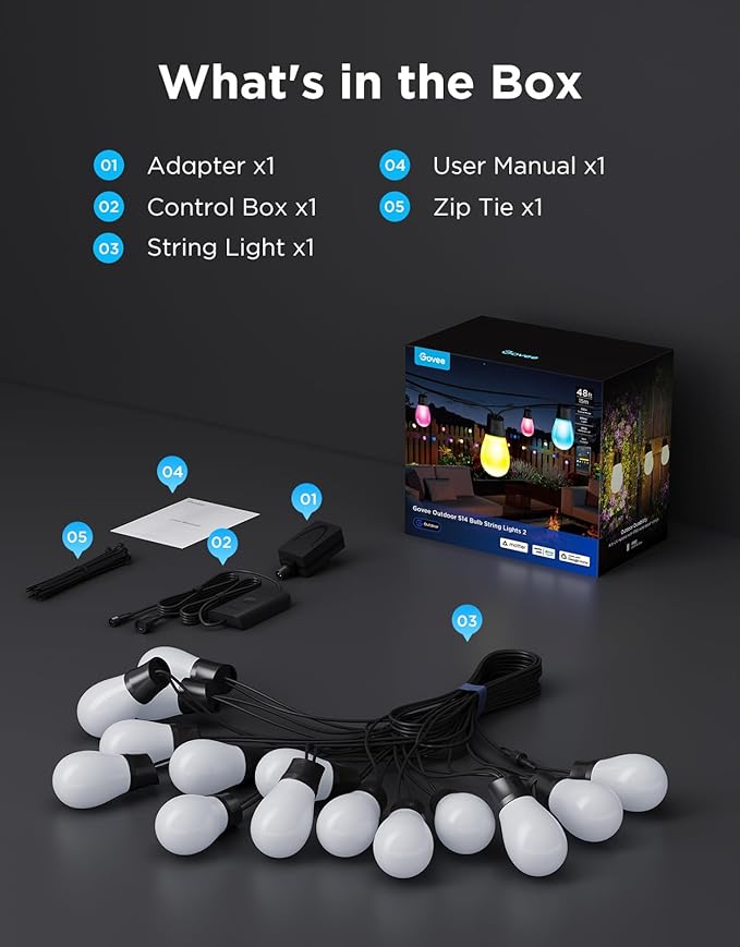 Govee S14 Bulb Outdoor String Lights 2 48ft Smart RGBIC Warm White Patio Lights with 15 LED Bulbs 111 Scene Modes for Outdoor Decor Upgraded IP66 Compatible with Alexa Google Matter APP Control