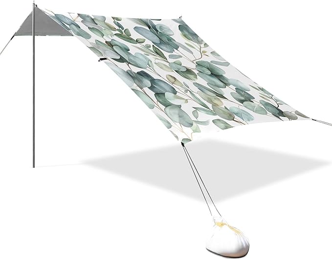 Watercolor Eucalyptus Beach Tent Sun Shelter 9.2' x 10.5' Beach Canopy with 4 Sandbags 4 Stability Poles Sand Shovels - Tent Canopy for Beach Camping Fishing Picnics