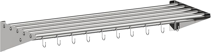 12 x 36 NSF Certified Stainless Steel Wall Mount Shelf Metal Kitchen Rack with 10 S Hooks for Convenient Storage and Organization of Pots Pans and cookware