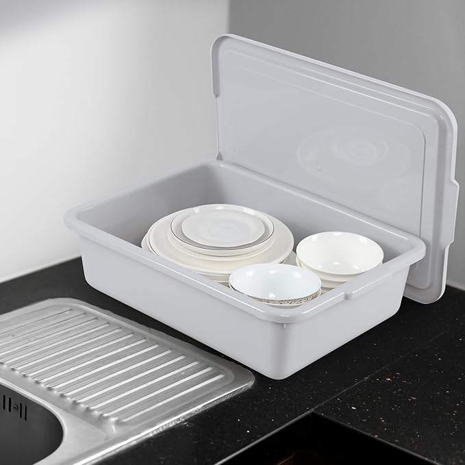 13 Liter Plastic Bus Tubs with Lids Commercial Tote Box Set of 3 Grey