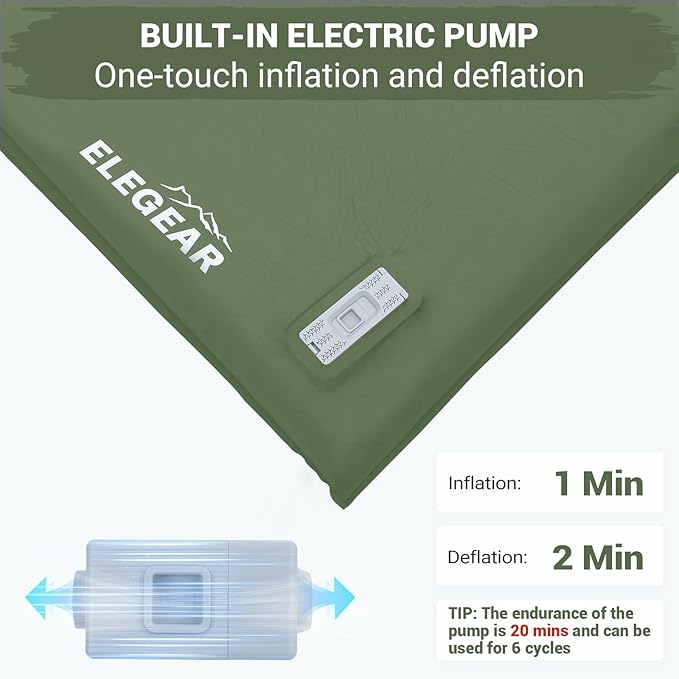 Elegear CumbreX™ Self Inflating Sleeping Pad Built-in Electric Pump 3.15 Ultra-Thick Memory Foam Camping Mattress Pad with Pillow Double Sleeping Pad for Camping R-Value 9.5 Foam Camp Pad - Full