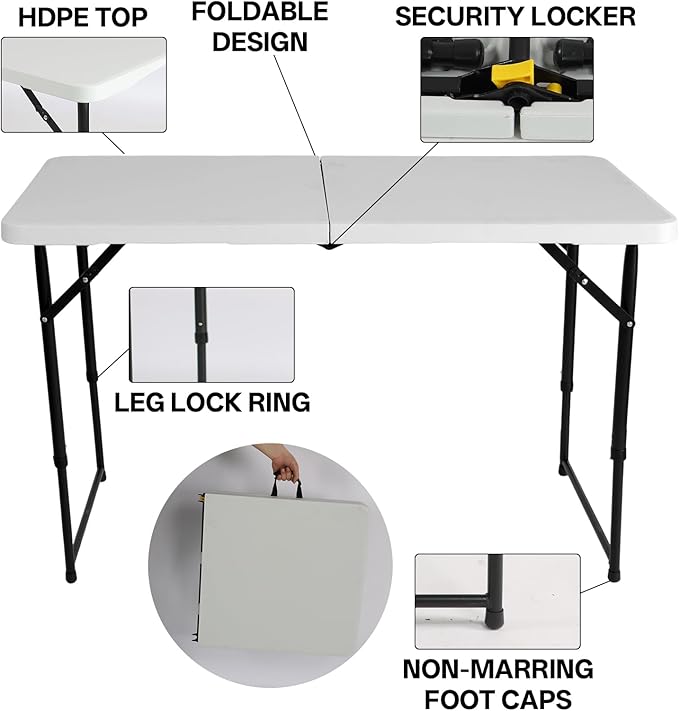 4FT Adjustable Height Folding Camping Table - Portable Foldable Small Table with Metal Frame &amp Plastic Top Ideal for Outdoor Picnic Indoor Dining &amp Events