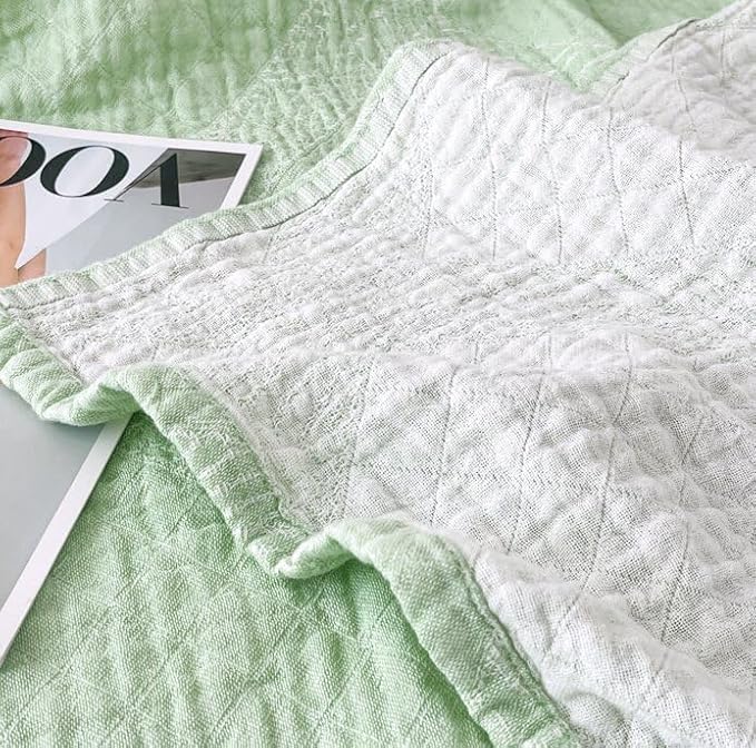 ITFRO Cooling 3 Layer Cotton Muslin Blanket for Hot Sleepers 80x92 Inches Lightweight Breathable Reversible Summer Camping Blanket All Seasons for Couch Sofa Bed (Solid Green 80x92)
