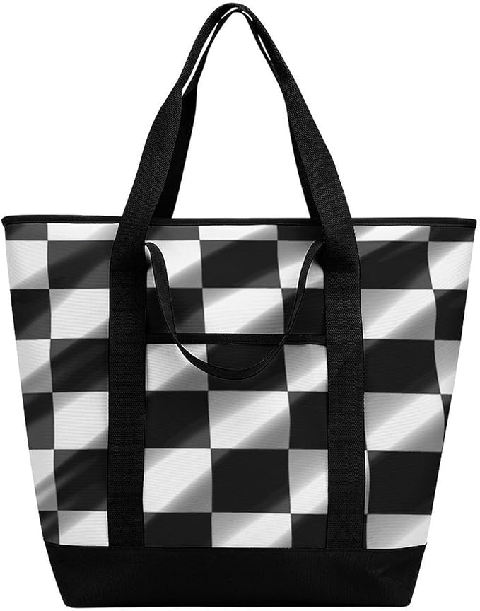 Insulated Shopping BagLarge Reusable Cooler Bags Black White Race Checkered Flag Printed Foldable Shopping BagTravel Waterproof Shoulder Bag