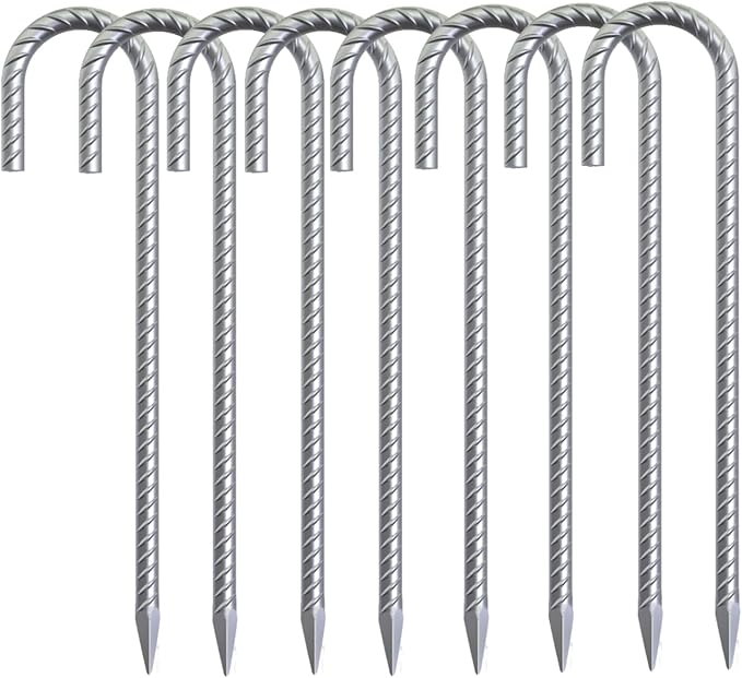 12 Pack 16 Ground Rebar Stakes Heavy Duty J Hook Ground Anchors Curved Steel Plant Support Garden Stake Anti Rust Galvanized Ground Stakes