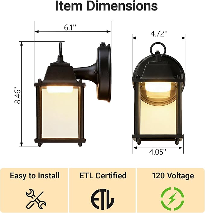 LIT-PaTH Small Outdoor LED Wall Lantern with Dusk to Dawn Photocell 3000K Warm White 9.5W 800 Lumen Aluminum Housing Plus Glass Outdoor Rated 1-Pack Black