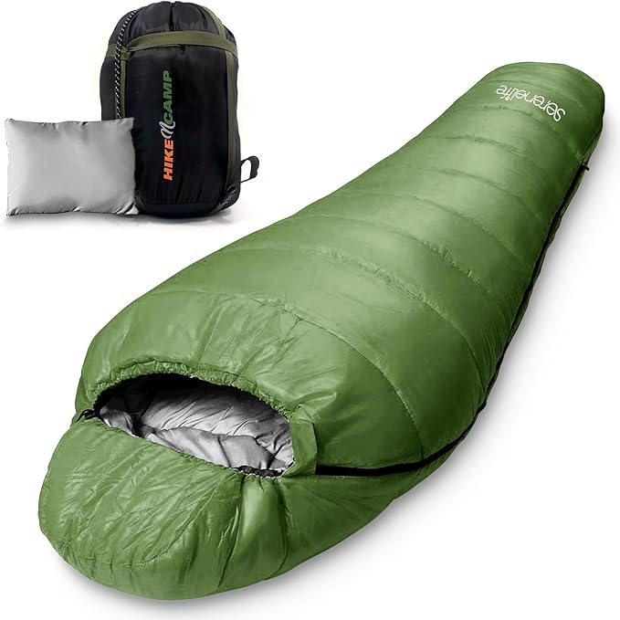 SereneLife 0 Degree Mummy Sleeping Bag – Military-Style Lightweight &amp Waterproof for Extreme Cold Stays Warm in 5–10°F No-Snag Zipper Compact Carry Bag &amp Travel Pillow for Camping &amp Ba