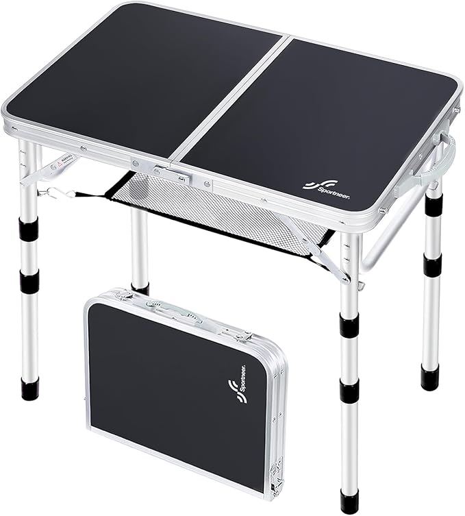 Sportneer Camping Table: Adjustable Height Small Folding Table 23.6 L x 15.7 W 4 Height with Mesh Layer - Compact &amp Portable Camping Essentials for Outdoor Camp Garden Picnic BBQ Dining Cooking