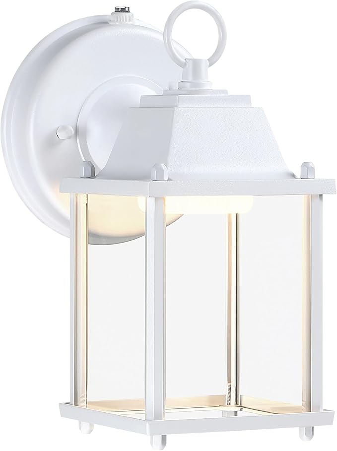 LIT-PaTH Small Outdoor LED Wall Lantern with Dusk to Dawn Photocell 3000K Warm White 9.5W 800 Lumen Aluminum Housing Plus Glass Outdoor Rated 1-Pack White