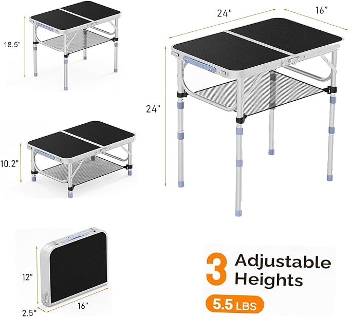 Small Folding Table Portable 2FT Camping Pinic Table with 3 Adjustable Height Aluminum Foldable Lightweight Patio Side Table with Carry Handle for Outdoor Hiking Camp BBQ Beach (Black)