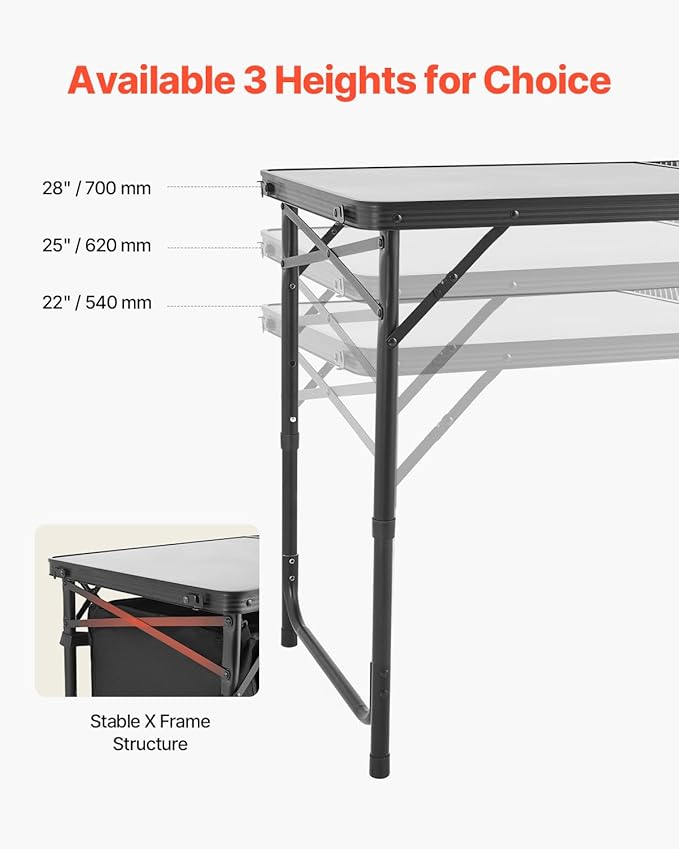 VEVOR Camping Kitchen Table Folding Outdoor Cooking Table 3 Adjustable Heights Aluminum Lightweight Portable Cook Station with Storage Organizer Carry Handle for BBQ Party Picnic RV Travel Black