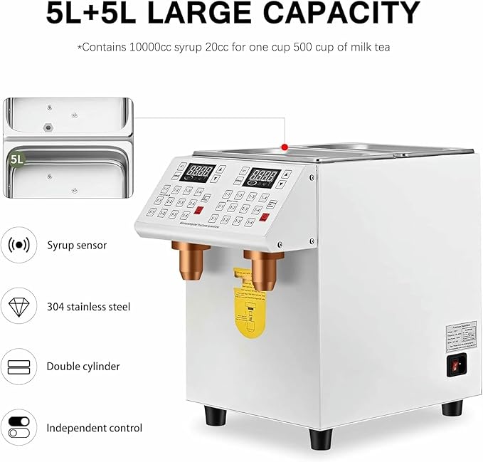 Automatic Fructose Dispenser - 10L Electric Syrup Dispenser for Commercial Use Stainless Steel Barrel with Dual Outlets