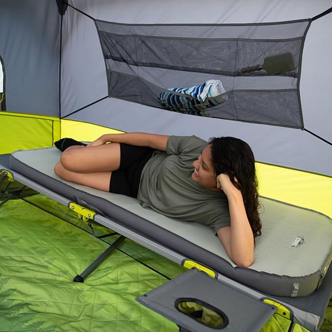 CORE Folding Camping Cot | Extra Wide Heavy Duty Camp Cot with Removable Side Table &amp Mesh Gear Loft | Folding &amp Portable Camp Bed with Carry Bag | Supports 300 lbs