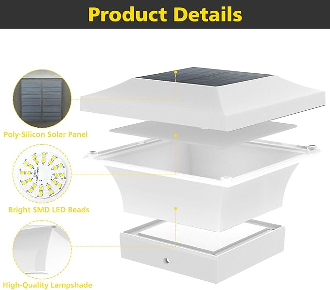 T-SUN Solar Post Cap Lights Waterproof Outdoor Solar Powered Deck Fence Post Lights for 4 X 4 Wooden/Vinyl Posts 6000K Cool White Lighting Decor for Deck Patio Garden Porch Fence(White -12 Pack)