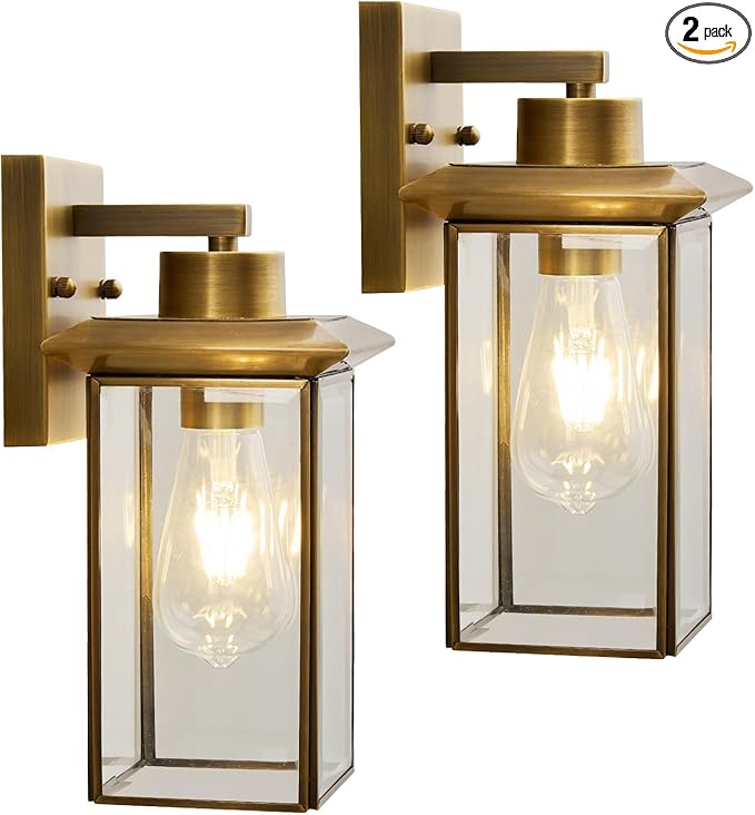 Brass Outdoor Wall Light Fixtures Exterior Waterproof Lanterns Porch Wall-Mounted Lights with E26 Socket and Glass Shade – Modern Rustproof Wall Sconces for Yard Front Door &amp Entryway.2-Pack