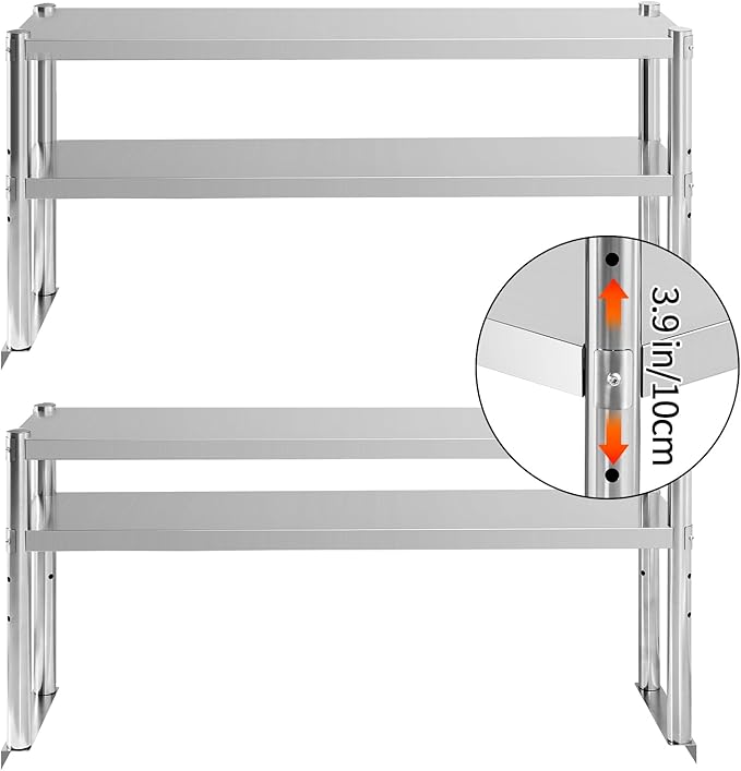 Stainless Steel Double Overshelf 48''L x 12''W Commercial 2 Tier Overshelf Height Adjustable Overshelf for Prep Work Table in Kitchen Restaurant