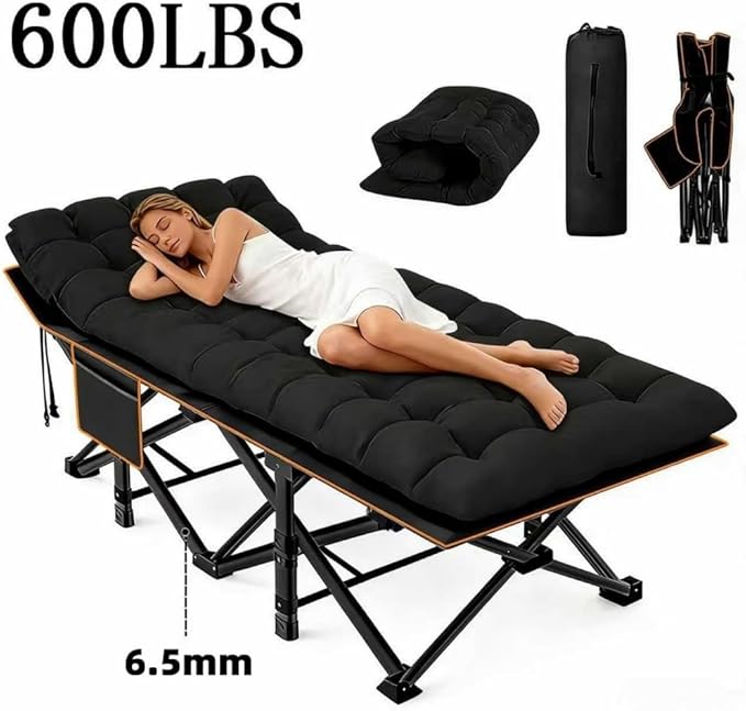 Comfortable and Soft Folding Bed Portable Camping cot with Side Pockets and Mattress Extra-Thick Oversized Folding Bed Weight Capacity of 500/600/700 lbs (Black 600lbs)