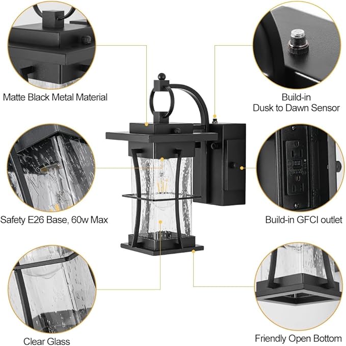 Outdoor Lighting Fixtures Wall Mount 1-Light 15''H Dusk to Dawn Exterior Light for House Outdoor Wall Lantern with Clear Glass for Front Porch Patio Garage (15'' H with Outlet 1 PC)