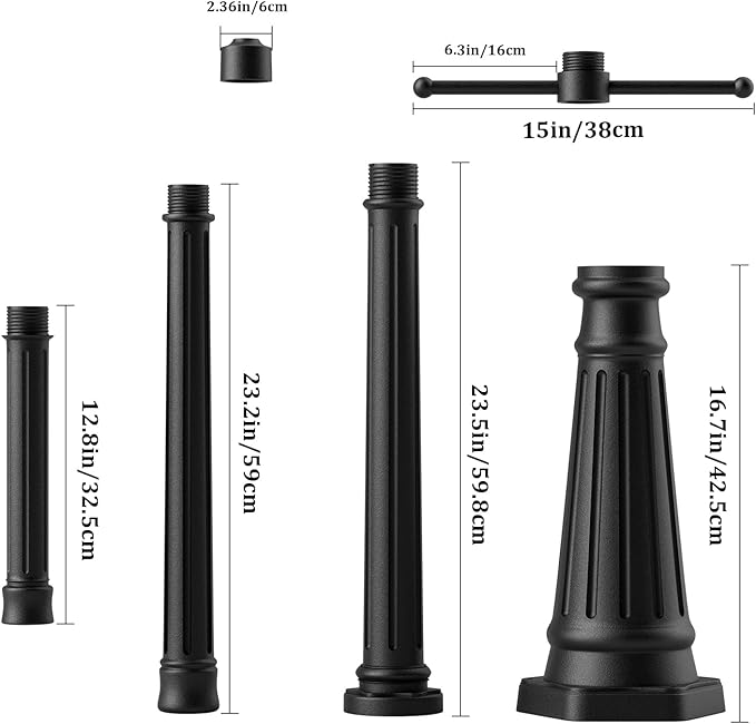 76 Vintage Cast Aluminum Lamp Post with Crossbars Matte Black Weather Resistant Coating - Outdoor Lighting Pole for Porch Yard Garden Pathway