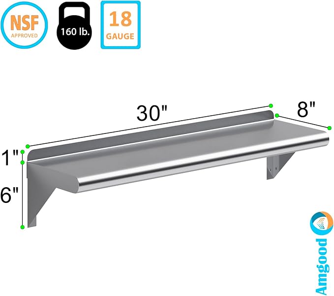AmGood 8 X 30 Stainless Steel Wall Shelf | Metal Shelving | Garage Laundry Storage Utility Room | Restaurant Commercial Kitchen | NSF