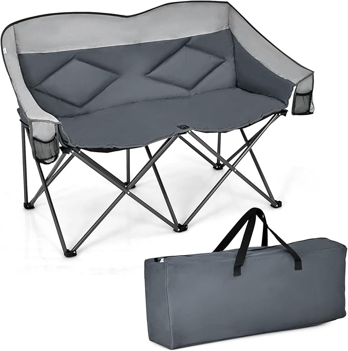 Loveseat Camping Chair Double Folding Chair Support 500 LBS Heavy Duty for 2 Adults Oversize Camp Seat with Storage Bags Backrest Padded Wide Camp Seat for Outside Picnic Beach (Grey)