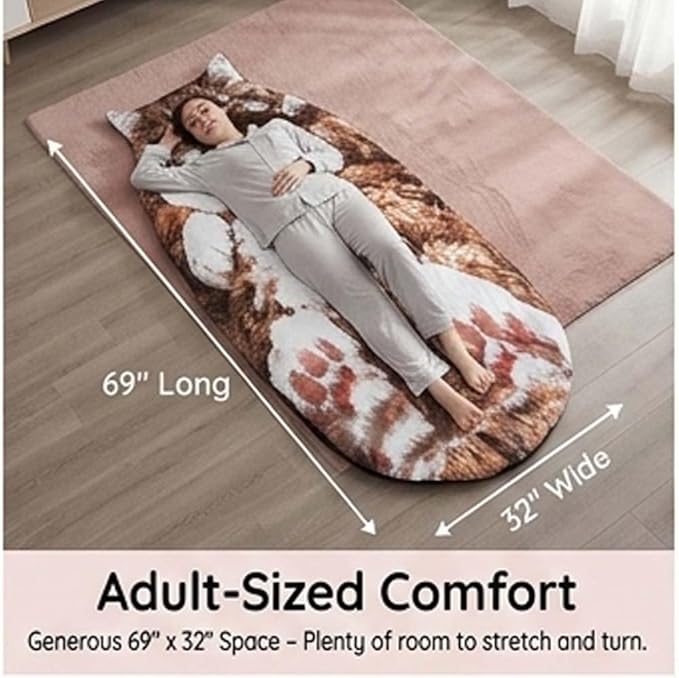Cat Shaped Plush Sleeping Bag for Adults Ultra-Soft Wearable Blanket Sack Adorable Cat Envelope Sleeping Mat for Sleepovers &amp Lounging Washable Fluffy Animal Bedding Unique for Cat Lovers