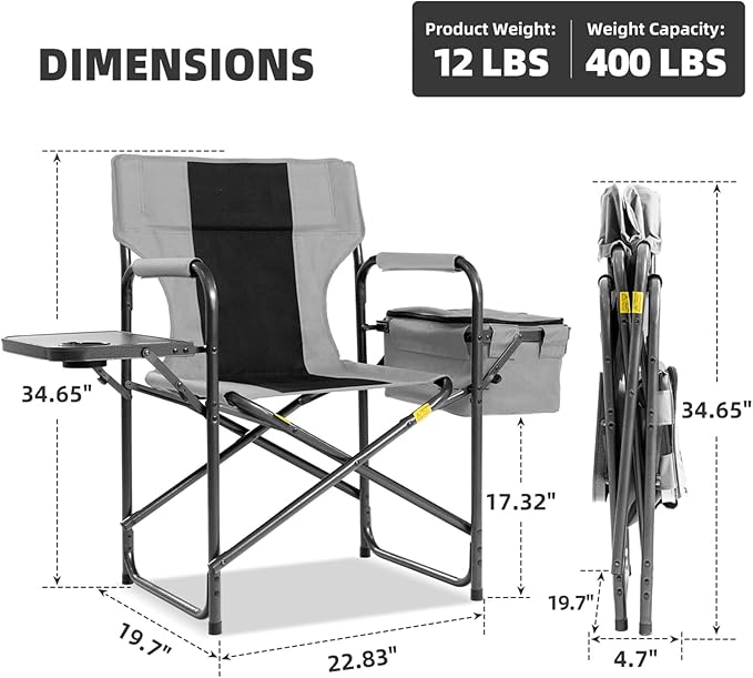 Director Camping Chair with Cooler Bag &amp Foldable Side Tray - 400lbs Heavy Duty Outdoor Folding Lawn Chair Portable Camp Chair for Fishing/Backyard (Black &amp Gray)