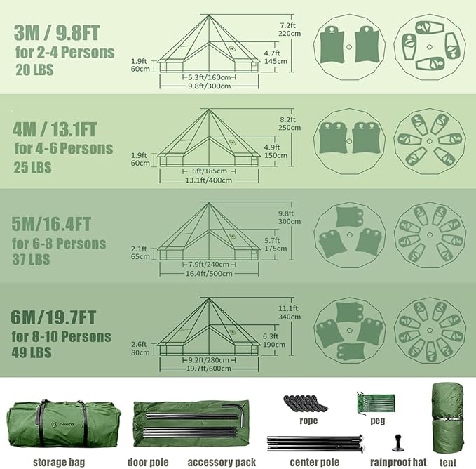 Bell Yurt Tent with Stove Jack Waterproof Luxury 4 Season Tent 420D Oxford Cloth Green Glamping Tents for Family Outdoor Camping Hunting Party All Year Living