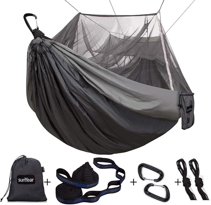 Sunyear Camping Hammock Portable Single &amp Double Hammock with Net 2 Person Hammock Tent with 2 * 10ft Straps Best for Outdoor Hiking Survival Travel
