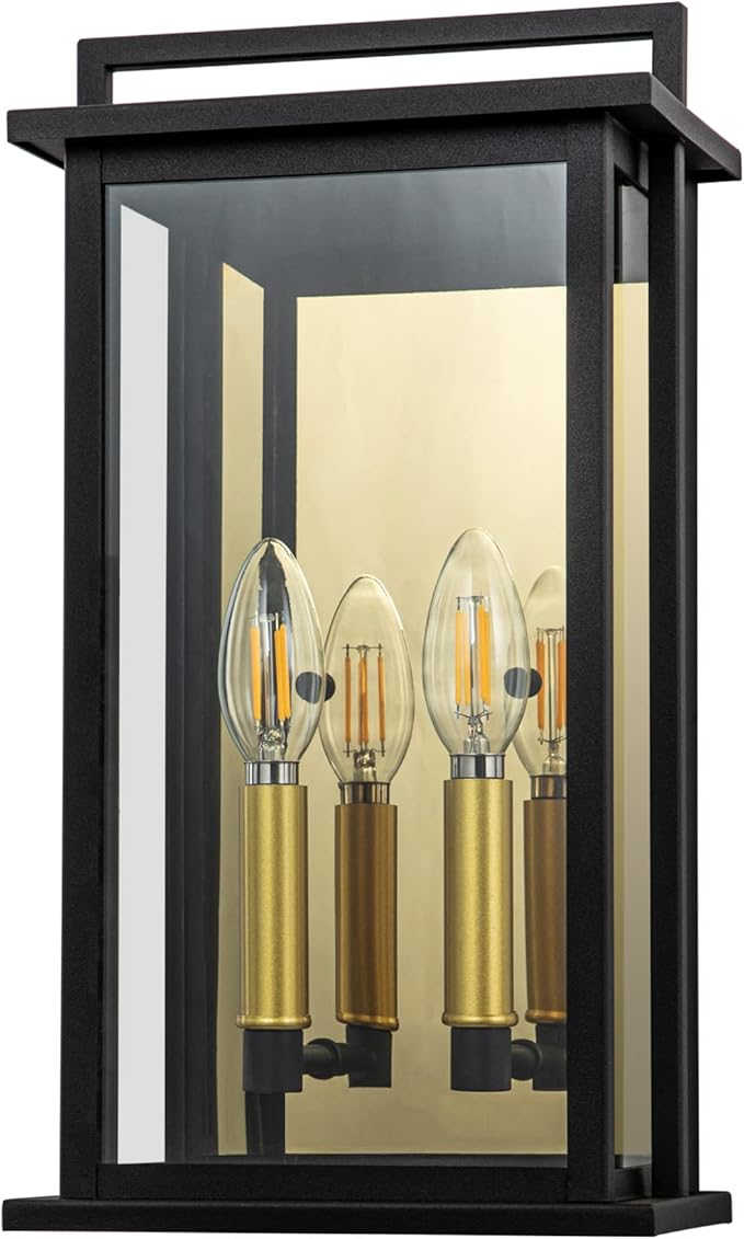 Outdoor Wall Lights with Clear Glass Black Exterior Porch Lights Wall Mount Outdoor Wall Sconce with Gold Candelabra Interior Wall Lantern Patio Light Fixture for House Entryway Garage