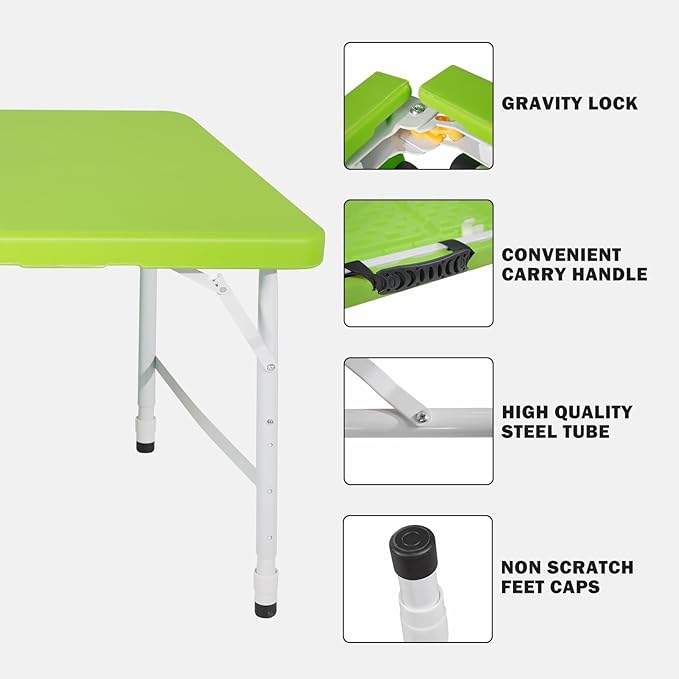 4 Foot Folding Table Utility TablePortable 4Ft Adjustable Height Folding Table Heavy Duty Fold-in-Half Table Small Utility Foldable Table Camping Table for Dining Picnics (Green)