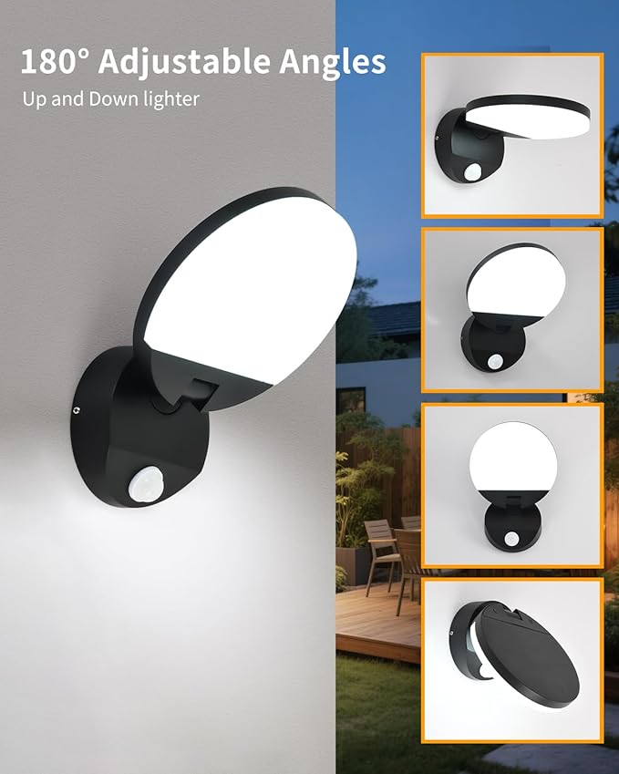 Wired Motion Sensor Outdoor Lights Fixtures LED 18W Modern Exterior Porch Lights Wall Sconces Light for Doorway Patio Garage Matt Black Round 6000K Cool White