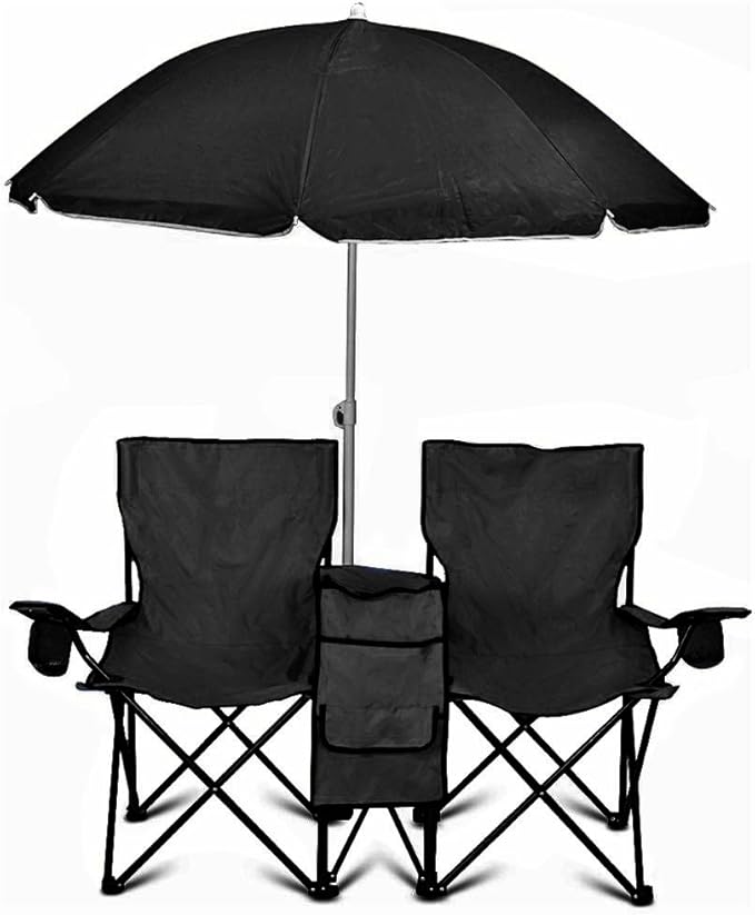 GoTEAM! Portable 2-Seat Folding Camp Chair with Cooler Umbrella &amp Cup Holders – Outdoor Picnic Beach or Tailgate Seating – Carry Case Included