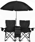 GoTEAM! Portable 2-Seat Folding Camp Chair with Cooler Umbrella &amp Cup Holders – Outdoor Picnic Beach or Tailgate Seating – Carry Case Included
